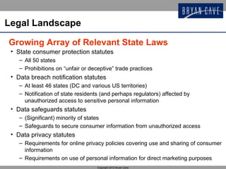Legal Landscape

Growing Array of Relevant State Laws
 • State consumer protection statutes
    – All 50 states
    – Prohibitions on “unfair or deceptive” trade practices
 • Data breach notification statutes
    – At least 46 states (DC and various US territories)
    – Notification of state residents (and perhaps regulators) affected by
      unauthorized access to sensitive personal information
 • Data safeguards statutes
    – (Significant) minority of states
    – Safeguards to secure consumer information from unauthorized access
 • Data privacy statutes
    – Requirements for online privacy policies covering use and sharing of consumer
      information
    – Requirements on use of personal information for direct marketing purposes
                                    Copyright 2012 Bryan Cave
 