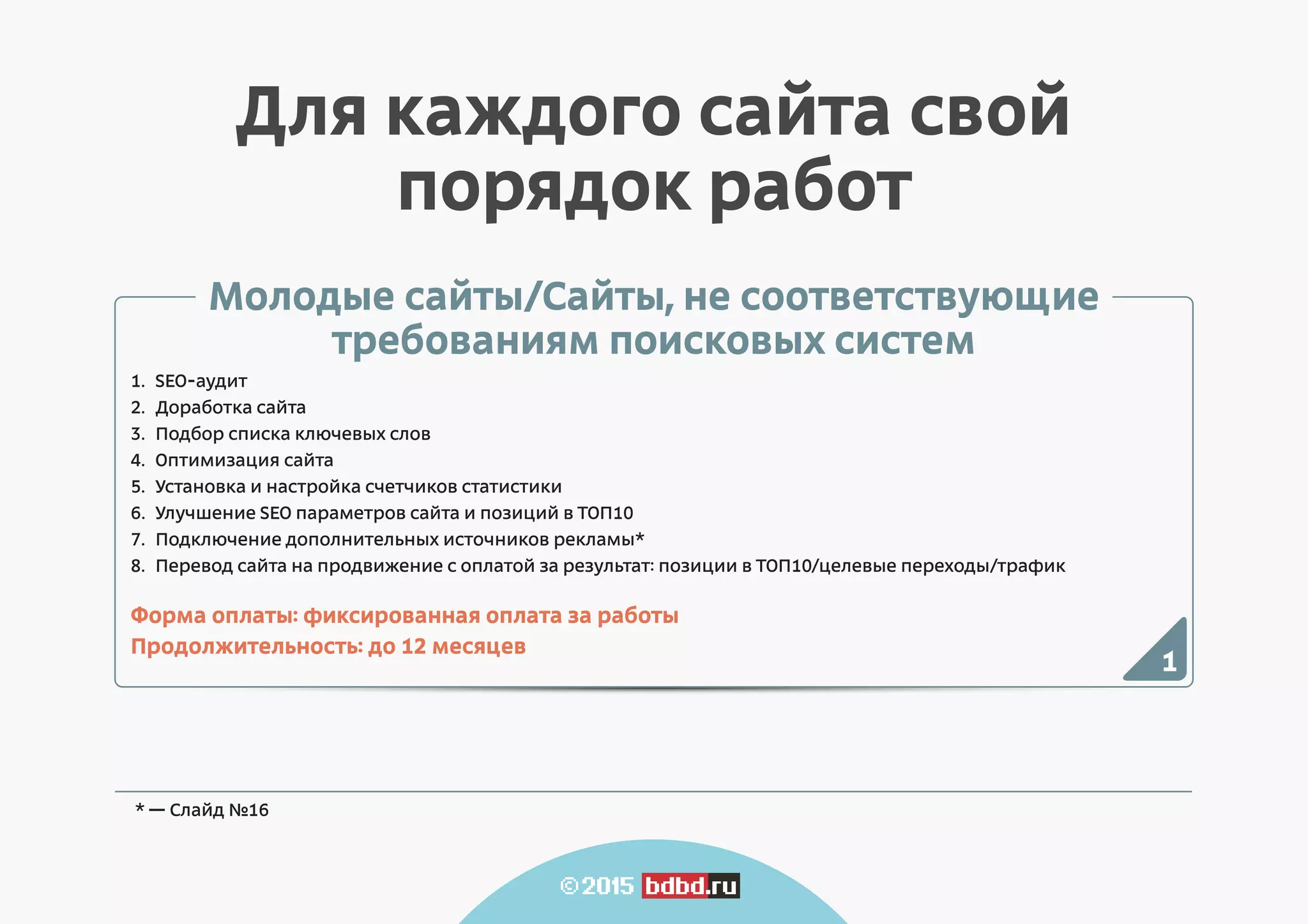 Молодые сайты/Сайты, не соответствующие
требованиям поисковых систем
SEO-аудит
Доработка сайта
Подбор списка ключевых слов
Оптимизация сайта
Установка и настройка счетчиков статистики
Улучшение SEO параметров сайта и позиций в ТОП10
Подключение дополнительных источников рекламы*
Перевод сайта на продвижение с оплатой за результат: позиции в ТОП10/целевые переходы/трафик
1.
2.
3.
4.
5.
6.
7.
8.
Форма оплаты: фиксированная оплата за работы
Продолжительность: до 12 месяцев
1
Для каждого сайта свой
порядок работ
* — Слайд 16
 