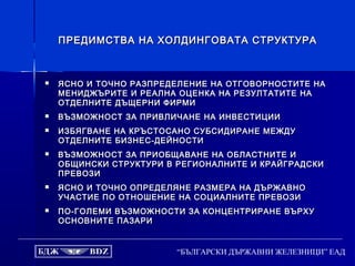“БЪЛГАРСКИ ДЪРЖАВНИ ЖЕЛЕЗНИЦИ” ЕАД
ПРЕДИМСТВА НА ХОЛДИНГОВАТА СТРУКТУРАПРЕДИМСТВА НА ХОЛДИНГОВАТА СТРУКТУРА
 ЯСНО И ТОЧНО РАЗПРЕДЕЛЕНИЕ НА ОТГОВОРНОСТИТЕ НАЯСНО И ТОЧНО РАЗПРЕДЕЛЕНИЕ НА ОТГОВОРНОСТИТЕ НА
МЕНИДЖЪРИТЕ И РЕАЛНА ОЦЕНКА НА РЕЗУЛТАТИТЕ НАМЕНИДЖЪРИТЕ И РЕАЛНА ОЦЕНКА НА РЕЗУЛТАТИТЕ НА
ОТДЕЛНИТЕ ДЪЩЕРНИ ФИРМИОТДЕЛНИТЕ ДЪЩЕРНИ ФИРМИ
 ВЪЗМОЖНОСТ ЗА ПРИВЛИЧАНЕ НА ИНВЕСТИЦИИВЪЗМОЖНОСТ ЗА ПРИВЛИЧАНЕ НА ИНВЕСТИЦИИ
 ИЗБЯГВАНЕ НА КРЪСТОСАНО СУБСИДИРАНЕ МЕЖДУИЗБЯГВАНЕ НА КРЪСТОСАНО СУБСИДИРАНЕ МЕЖДУ
ОТДЕЛНИТЕ БИЗНЕС-ДЕЙНОСТИОТДЕЛНИТЕ БИЗНЕС-ДЕЙНОСТИ
 ВЪЗМОЖНОСТ ЗА ПРИОБЩАВАНЕ НА ОБЛАСТНИТЕ ИВЪЗМОЖНОСТ ЗА ПРИОБЩАВАНЕ НА ОБЛАСТНИТЕ И
ОБЩИНСКИ СТРУКТУРИ В РЕГИОНАЛНИТЕ И КРАЙГРАДСКИОБЩИНСКИ СТРУКТУРИ В РЕГИОНАЛНИТЕ И КРАЙГРАДСКИ
ПРЕВОЗИПРЕВОЗИ
 ЯСНО И ТОЧНО ОПРЕДЕЛЯНЕ РАЗМЕРА НА ДЪРЖАВНОЯСНО И ТОЧНО ОПРЕДЕЛЯНЕ РАЗМЕРА НА ДЪРЖАВНО
УЧАСТИЕ ПО ОТНОШЕНИЕ НА СОЦИАЛНИТЕ ПРЕВОЗИУЧАСТИЕ ПО ОТНОШЕНИЕ НА СОЦИАЛНИТЕ ПРЕВОЗИ
 ПО-ГОЛЕМИ ВЪЗМОЖНОСТИ ЗА КОНЦЕНТРИРАНЕ ВЪРХУПО-ГОЛЕМИ ВЪЗМОЖНОСТИ ЗА КОНЦЕНТРИРАНЕ ВЪРХУ
ОСНОВНИТЕ ПАЗАРИОСНОВНИТЕ ПАЗАРИ
 