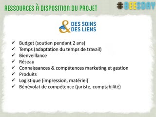  Budget (soutien pendant 2 ans)
 Temps (adaptation du temps de travail)
 Bienveillance
 Réseau
 Connaissances & compétences marketing et gestion
 Produits
 Logistique (impression, matériel)
 Bénévolat de compétence (juriste, comptabilité)
 