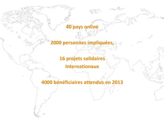 40 pays online
2000 personnes impliquées,
16 projets solidaires
Internationaux
4000 bénéficiaires attendus en 2013
 
