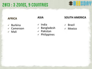 AFRICA
 Burkina
 Cameroon
 Mali
ASIA
 India
 Bangladesh
 Pakistan
 Philippines
SOUTH AMERICA
 Brazil
 Mexico
 