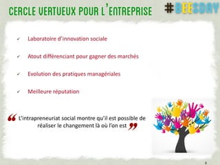 ’
 Laboratoire d’innovation sociale
 Atout différenciant pour gagner des marchés
 Evolution des pratiques managériales
 Meilleure réputation
8
L’intrapreneuriat social montre qu’il est possible de
réaliser le changement là où l’on est
 