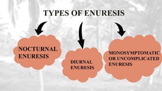 TYPES OF ENURESIS
NOCTURNAL
ENURESIS
DIURNAL
ENURESIS
MONOSYMPTOMATIC
OR UNCOMPLICATED
ENURESIS
 