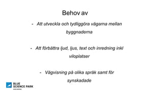 Behov av
-  Att utveckla och tydliggöra vägarna mellan
byggnaderna
-  Att förbättra ljud, ljus, text och inredning inkl
viloplatser
-  Vägvisning på olika språk samt för
synskadade
 
