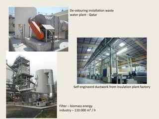 Insert Picture 1
Insert Picture 2
Insert Picture 3
Filter – biomass energy
industry – 110.000 m³ / h
De-odouring installation waste
water plant - Qatar
Self engineerd ductwork from insulation plant factory
 