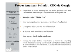 Propos tenus par Schmidt, CEO de Google
• Google veut en savoir davantage sur ses clients, parce qu’il est dans
l’intérêt même des clients que Google en sache davantage sur eux
• Nouvelles règles: “ Mobile First”
• Nous voulons partager nos revenus avec les éditeurs d’applications
• Le téléphone mobile peut être une carte de crédit
Capitalisation boursière
28 Avril 2010
129 milliards $ (en baisse)
GOOGLE *
2009
CA/Employe
1.19 millions $
• Le téléphone mobile peut être une carte de crédit
• Se focaliser sur la sécurité et la confidentialité
• Nous sommes dans le business de la pub
• Convergence unique de trois concepts dans le mobile: «the computing
power, the interconnectivity and the cloud» Le téléphone est l'endroit où
ils se rencontrent et vous avez besoin de ces trois tendances structurantes
si vous voulez réussir.
Valeur Entreprise / CA
6.76
ROA = 14.38%
ROE = 20.3%
Croissance du CA 2005-
2009
400 %
* Yahoo finance - 15/3/2010
10
 