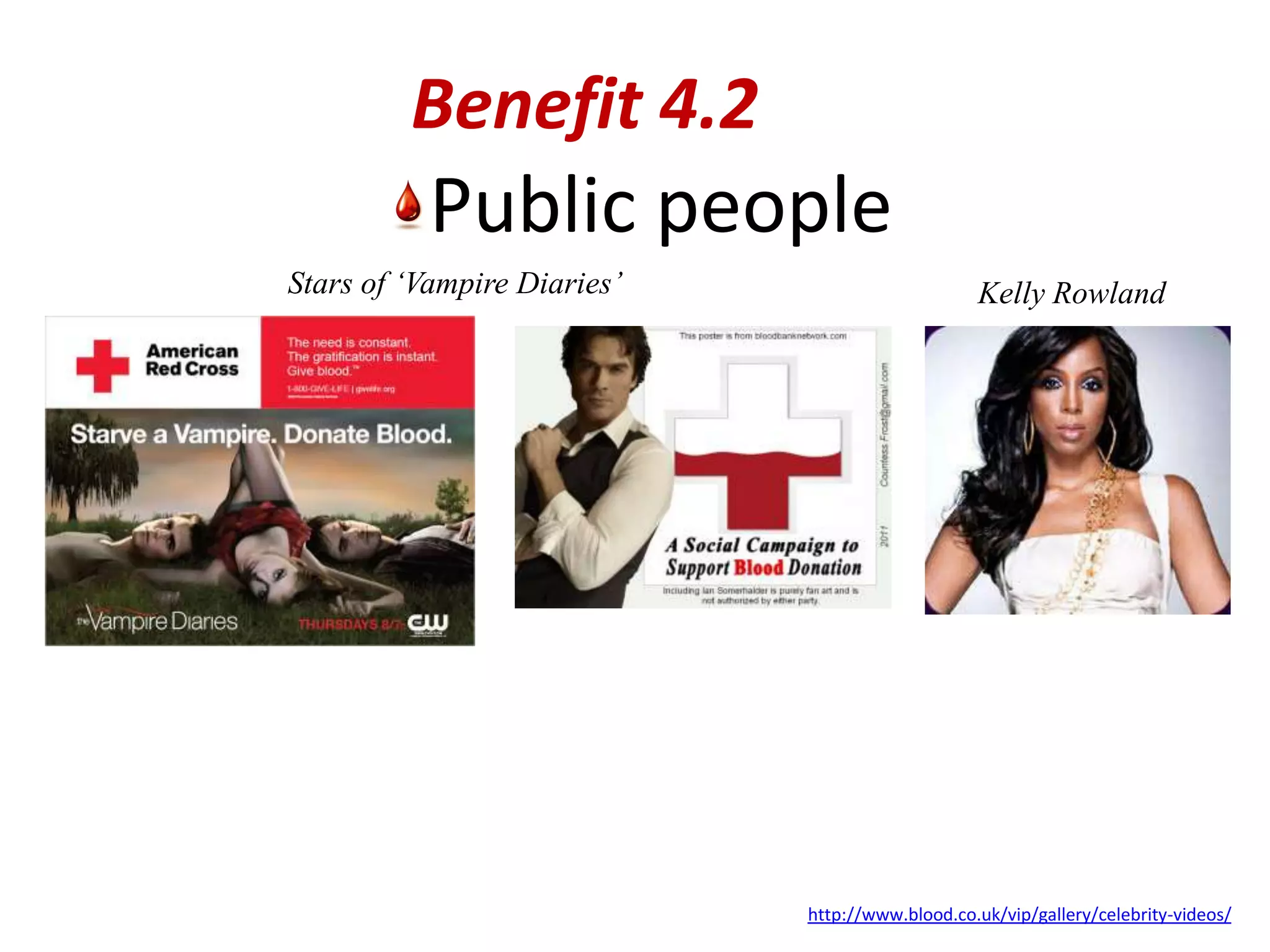 Benefit 4.2
          Public people
Stars of ‘Vampire Diaries’                       Kelly Rowland




                             http://www.blood.co.uk/vip/gallery/celebrity-videos/
 