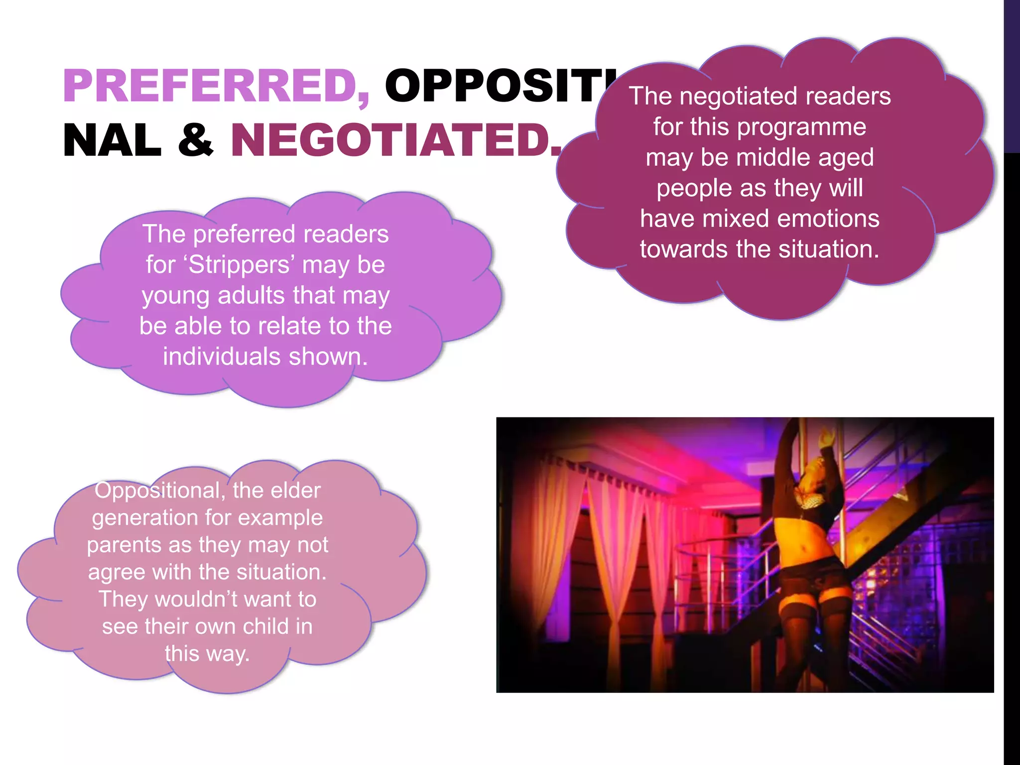 PREFERRED, OPPOSITIO
NAL & NEGOTIATED.
The preferred readers
for ‘Strippers’ may be
young adults that may
be able to relate to the
individuals shown.
The negotiated readers
for this programme
may be middle aged
people as they will
have mixed emotions
towards the situation.
Oppositional, the elder
generation for example
parents as they may not
agree with the situation.
They wouldn’t want to
see their own child in
this way.
 