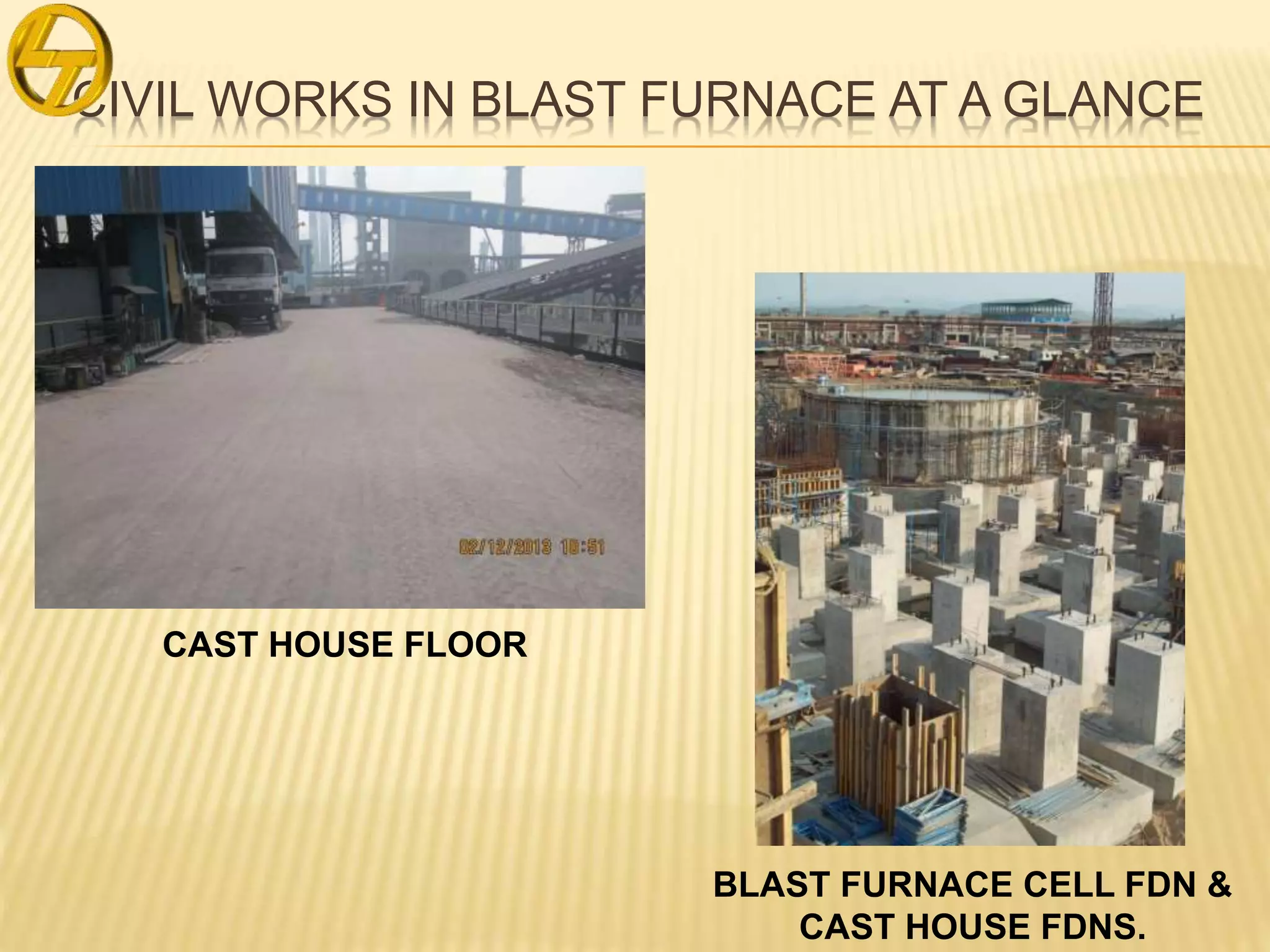 CIVIL WORKS IN BLAST FURNACE AT A GLANCE
BLAST FURNACE CELL FDN &
CAST HOUSE FDNS.
CAST HOUSE FLOOR
 