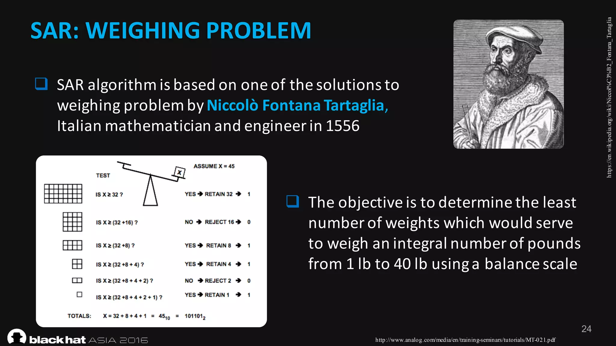 24
SAR:	WEIGHING	PROBLEM
q SAR	algorithm	is	based	on	one	of	the	solutions	to	
weighing	problem	by	Niccolò Fontana	Tartaglia,	
Italian	mathematician	and	engineer	in	1556	
https://en.wikipedia.org/wiki/Niccol%C3%B2_Fontana_Tartaglia
http://www.analog.com/media/en/training-seminars/tutorials/MT-021.pdf
q The	objective	is	to	determine	the	least	
number	of	weights	which	would	serve	
to	weigh	an	integral	number	of	pounds	
from	1	lb to	40	lb using	a	balance	scale
 