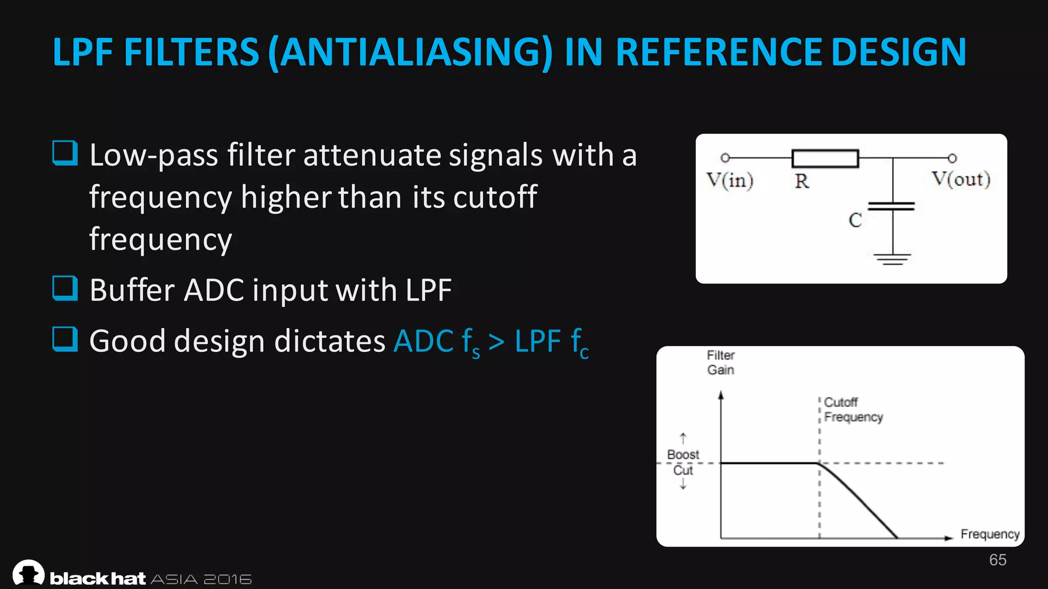 65
LPF	FILTERS	(ANTIALIASING)	IN	REFERENCE	DESIGN	
q Low-pass	filter	attenuate	signals	with	a	
frequency	higher	than	its	cutoff	
frequency
q Buffer	ADC	input	with	LPF
q Good	design	dictates	ADC	fs >	LPF	fc
 