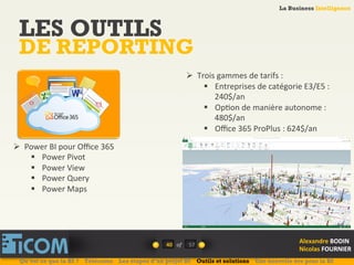 La Business Intelligence
Alexandre	
  BODIN	
  
Nicolas	
  FOURNIER	
  
LES OUTILS
DE REPORTING
40	
   of	
  
La Business Intelligence
Alexandre	
  BODIN	
  
Nicolas	
  FOURNIER	
  
Ø  Power	
  BI	
  pour	
  Oﬃce	
  365	
  
§  Power	
  Pivot	
  
§  Power	
  View	
  
§  Power	
  Query	
  
§  Power	
  Maps	
  
Ø  Trois	
  gammes	
  de	
  tarifs	
  :	
  
§  Entreprises	
  de	
  catégorie	
  E3/E5	
  :	
  
240$/an	
  
§  Op6on	
  de	
  manière	
  autonome	
  :	
  
480$/an	
  
§  Oﬃce	
  365	
  ProPlus	
  :	
  624$/an	
  
Qu’est ce que la BI ? Télécoms Les étapes d’un projet BI Outils et solutions Une nouvelle ère pour la BI
57	
  
 
