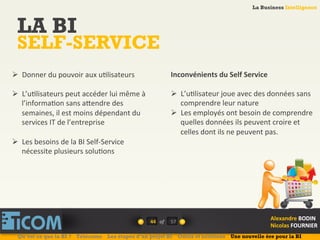 La Business Intelligence
Alexandre	
  BODIN	
  
Nicolas	
  FOURNIER	
  
LA BI
SELF-SERVICE
44	
   of	
  
La Business Intelligence
Alexandre	
  BODIN	
  
Nicolas	
  FOURNIER	
  
Ø  Donner	
  du	
  pouvoir	
  aux	
  u6lisateurs	
  
	
  
Ø  L’u6lisateurs	
  peut	
  accéder	
  lui	
  même	
  à	
  
l’informa6on	
  sans	
  a_endre	
  des	
  
semaines,	
  il	
  est	
  moins	
  dépendant	
  du	
  
services	
  IT	
  de	
  l’entreprise	
  
Ø  Les	
  besoins	
  de	
  la	
  BI	
  Self-­‐Service	
  
nécessite	
  plusieurs	
  solu6ons	
  
Inconvénients	
  du	
  Self	
  Service	
  
Ø  L’u6lisateur	
  joue	
  avec	
  des	
  données	
  sans	
  
comprendre	
  leur	
  nature	
  
Ø  Les	
  employés	
  ont	
  besoin	
  de	
  comprendre	
  
quelles	
  données	
  ils	
  peuvent	
  croire	
  et	
  
celles	
  dont	
  ils	
  ne	
  peuvent	
  pas.	
  
Qu’est ce que la BI ? Télécoms Les étapes d’un projet BI Outils et solutions Une nouvelle ère pour la BI
57	
  
 