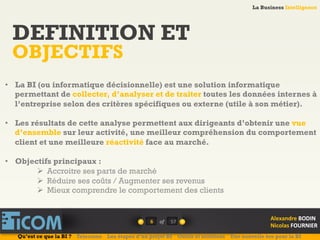 La Business Intelligence
Alexandre	
  BODIN	
  
Nicolas	
  FOURNIER	
  
DEFINITION ET
OBJECTIFS
6	
   of	
  
La Business Intelligence
Alexandre	
  BODIN	
  
Nicolas	
  FOURNIER	
  
•  La BI (ou informatique décisionnelle) est une solution informatique
permettant de collecter, d’analyser et de traiter toutes les données internes à
l’entreprise selon des critères spécifiques ou externe (utile à son métier).
•  Les résultats de cette analyse permettent aux dirigeants d’obtenir une vue
d’ensemble sur leur activité, une meilleur compréhension du comportement
client et une meilleure réactivité face au marché.
•  Objectifs principaux :
Ø  Accroitre ses parts de marché
Ø  Réduire ses coûts / Augmenter ses revenus
Ø  Mieux comprendre le comportement des clients
Qu’est ce que la BI ? Telecoms Les étapes d’un projet BI Outils et solutions Une nouvelle ère pour la BI
57	
  
 