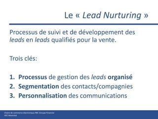 Le « LeadNurturing »Processus de suivi et de développement des leads en leadsqualifiés pour la vente. Trois clés:Processus de gestion des leads organiséSegmentation des contacts/compagniesPersonnalisation des communications