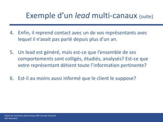 Exemple d’un leadmulti-canaux(suite)Enfin, il reprend contact avec un de vos représentants avec lequel il n’avait pas parlé depuis plus d’un an.Un lead est généré, mais est-ce que l’ensemble de ses comportements sont colligés, étudiés, analysés? Est-ce que votre représentant détient toute l’information pertinente? Est-il au moins aussi informé que le client le suppose?