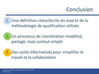 ConclusionUne définition claire/écrite du lead et de la méthodologie de qualification utiliséeUn processus de coordination modélisé, partagé, mais surtout simpleDes outils informatisés pour simplifier le travail et la collaboration