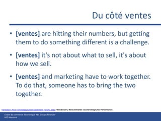 Du côté ventes[ventes] are hitting their numbers, but getting them to do something different is a challenge.[ventes] it's not about what to sell, it's about how we sell.[ventes] and marketing have to work together. To do that, someone has to bring the two together.Forrester's First Technology Sales Enablement Forum, 2011: New Buyers, New Demands: Accelerating Sales Performance.