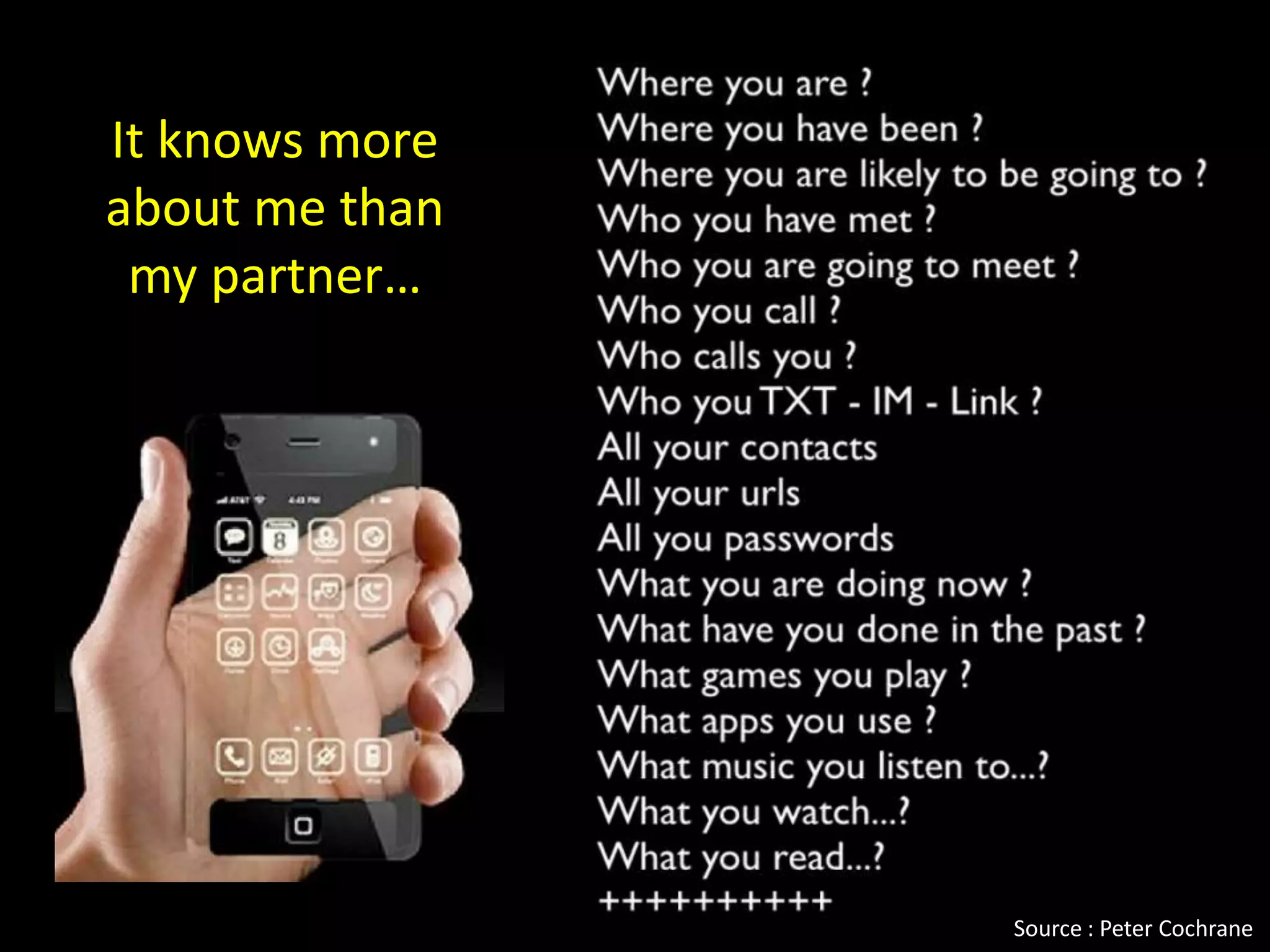 It knows more
about me than
 my partner…




                Source : Peter Cochrane
 