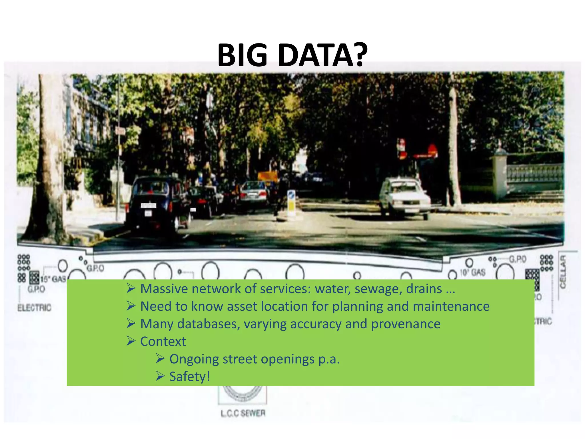 BIG DATA?




 Massive network of services: water, sewage, drains …
 Need to know asset location for planning and maintenance
 Many databases, varying accuracy and provenance
 Context
     Ongoing street openings p.a.
     Safety!
 