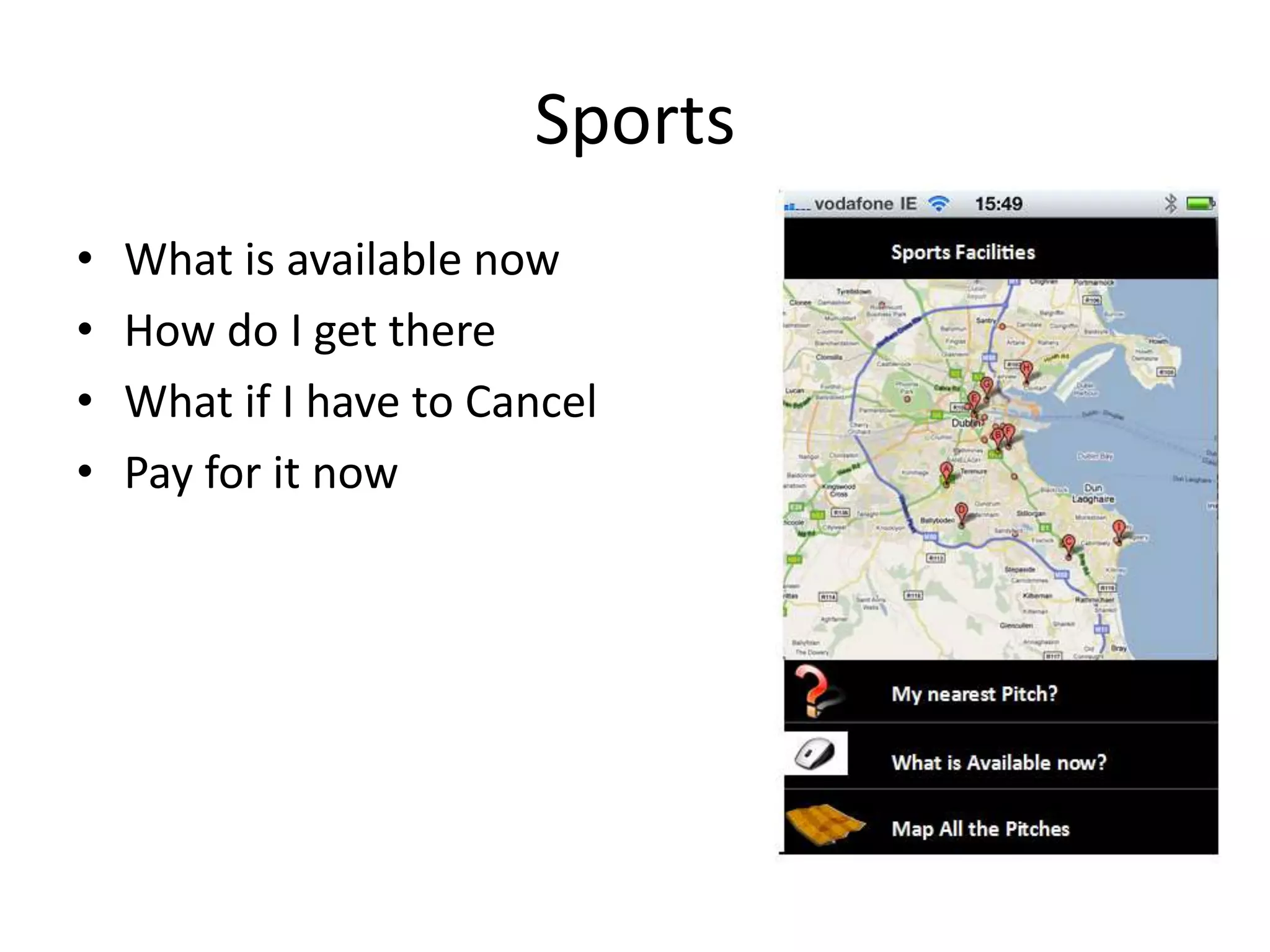 Sports
•   What is available now
•   How do I get there
•   What if I have to Cancel
•   Pay for it now
 