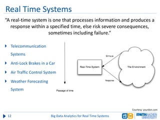 Real Time Systems
“A real-time system is one that processes information and produces a
response within a specified time, else risk severe consequences,
sometimes including failure.“
12 Big Data Analytics for Real Time Systems
 Telecommunication
Systems
 Anti-Lock Brakes in a Car
 Air Traffic Control System
 Weather Forecasting
System
Courtesy: yourdon.com
 