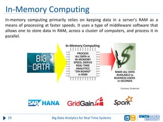 In-Memory Computing
In-memory computing primarily relies on keeping data in a server's RAM as a
means of processing at faster speeds. It uses a type of middleware software that
allows one to store data in RAM, across a cluster of computers, and process it in
parallel.
19 Big Data Analytics for Real Time Systems
Courtesy: Stratecast
 