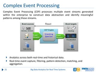 Complex Event Processing
Complex Event Processing (CEP) processes multiple event streams generated
within the enterprise to construct data abstraction and identify meaningful
patterns among those streams.
21 Big Data Analytics for Real Time Systems
 Analytics across both real-time and historical data.
 Real-time event capture, filtering, pattern detection, matching, and
aggregation.
 