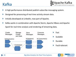 Kafka
 A high performance distributed publish-subscribe messaging system.
 Designed for processing of real time activity stream data.
 Initially developed at LinkedIn, now part of Apache.
 Kafka works in combination with Apache Storm, Apache HBase and Apache
Spark for real-time analysis and rendering of streaming data.
24 Big Data Analytics for Real Time Systems
 Fast
 Scalable
 Durable
 Fault-tolerant
 