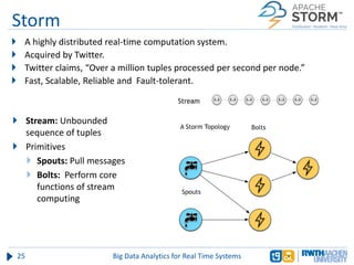 Storm
 A highly distributed real-time computation system.
 Acquired by Twitter.
 Twitter claims, “Over a million tuples processed per second per node.”
 Fast, Scalable, Reliable and Fault-tolerant.
25 Big Data Analytics for Real Time Systems
 Stream: Unbounded
sequence of tuples
 Primitives
 Spouts: Pull messages
 Bolts: Perform core
functions of stream
computing
Stream
 
