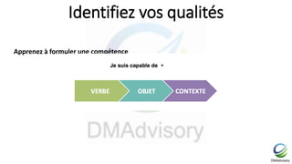 Identifiez vos qualités
Apprenez à formuler une compétence
 
