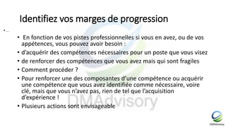 Identifiez vos marges de progression
• En fonction de vos pistes professionnelles si vous en avez, ou de vos
appétences, vous pouvez avoir besoin :
• d’acquérir des compétences nécessaires pour un poste que vous visez
• de renforcer des compétences que vous avez mais qui sont fragiles
• Comment procéder ?
• Pour renforcer une des composantes d’une compétence ou acquérir
une compétence que vous avez identifiée comme nécessaire, voire
clé, mais que vous n’avez pas, rien de tel que l’acquisition
d’expérience !
• Plusieurs actions sont envisageable
•…
 