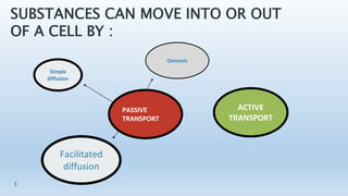 SUBSTANCES CAN MOVE INTO OR OUT
OF A CELL BY :
5
PASSIVE
TRANSPORT
ACTIVE
TRANSPORT
Simple
diffusion
Osmosis
Facilitated
diffusion
 