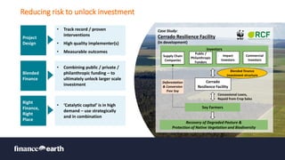 Restricted Use - À usage restreint
• Combining public / private /
philanthropic funding – to
ultimately unlock larger scale
investment
Case Study:
Cerrado Resilience Facility
(in development)
Reducing risk to unlock investment
Blended
Finance
Right
Finance,
Right
Place
• ‘Catalytic capital’ is in high
demand – use strategically
and in combination
Project
Design
• Track record / proven
interventions
• High quality implementer(s)
• Measurable outcomes
Investors
Soy Farmers
Cerrado
Resilience Facility
Recovery of Degraded Pasture &
Protection of Native Vegetation and Biodiversity
Supply Chain
Companies
Impact
Investors
Commercial
Investors
Public /
Philanthropic
Funders
Blended finance
investment structure
Deforestation
& Conversion
Free Soy
Concessional Loans,
Repaid from Crop Sales
 