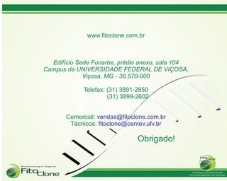 www.fitoclone.com.br



  Edifício Sede Funarbe, prédio anexo, sala 104
Campus da UNIVERSIDADE FEDERAL DE VIÇOSA,
             Viçosa, MG - 36.570-000

             Telefax: (31) 3891-2850
                      (31) 3899-2602


       Comercial: vendas@fitoclone.com.br
        Técnicos: fitoclone@centev.ufv.br

                                Obrigado!
 