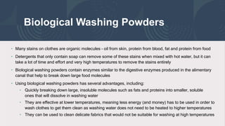 Biological Washing Powders
• Many stains on clothes are organic molecules – oil from skin, protein from blood, fat and protein from food
• Detergents that only contain soap can remove some of these stains when mixed with hot water, but it can
take a lot of time and effort and very high temperatures to remove the stains entirely
• Biological washing powders contain enzymes similar to the digestive enzymes produced in the alimentary
canal that help to break down large food molecules
• Using biological washing powders has several advantages, including:
• Quickly breaking down large, insoluble molecules such as fats and proteins into smaller, soluble
ones that will dissolve in washing water
• They are effective at lower temperatures, meaning less energy (and money) has to be used in order to
wash clothes to get them clean as washing water does not need to be heated to higher temperatures
• They can be used to clean delicate fabrics that would not be suitable for washing at high temperatures
 