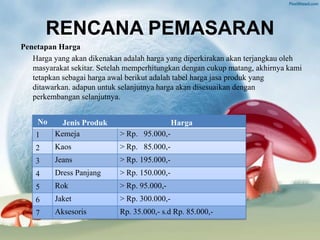 RENCANA PEMASARAN
Penetapan Harga
Harga yang akan dikenakan adalah harga yang diperkirakan akan terjangkau oleh
masyarakat sekitar. Setelah memperhitungkan dengan cukup matang, akhirnya kami
tetapkan sebagai harga awal berikut adalah tabel harga jasa produk yang
ditawarkan. adapun untuk selanjutnya harga akan disesuaikan dengan
perkembangan selanjutnya.
No Jenis Produk Harga
1 Kemeja > Rp. 95.000,-
2 Kaos > Rp. 85.000,-
3 Jeans > Rp. 195.000,-
4 Dress Panjang > Rp. 150.000,-
5 Rok > Rp. 95.000,-
6 Jaket > Rp. 300.000,-
7 Aksesoris Rp. 35.000,- s.d Rp. 85.000,-
 