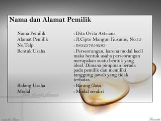 Nama dan Alamat Pemilik
Nama Pemilik : Dita Ovita Astriana
Alamat Pemilik : Jl.Cipto Mangun Kusumo, No.15
No.Telp : 085257054283
Bentuk Usaha : Perseorangan, karena modal kecil
maka bentuk usaha perseorangan
merupakan suatu bentuk yang
ideal. Dimana pimpinan berada
pada pemilik dan memiliki
tanggung jawab yang tidak
terbatas.
Bidang Usaha : Barang/Jasa
Modal : Modal sendiri
 