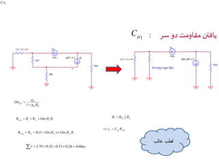 C یافتن مقاومت دو سر : 1 
RE 
Ri3 
RB1=Rs+Rb 
gm1.v 1 I5 
B 
rpi1 
Ix 
+Vx- 
Ri3 
Ix 
+Vx- 
RB1=Rs+Rb Gm ef f .v 1 
Ri1=rpi(1+gm.RE) 
m 
eff g R 
m E 
g 
Gm 
 
 
1 
R R R Gm R R C L L     
1 1 1 1 1 
1 1 1 || B i R  R R 
R R R (1 Gm R ) Gm R R C L L L      
1 1 1 1 1 1 1 1 
2 1 1  C   C R 
  3.79 0.32 0.31 0.24  4.66ns 
قطب غالب 
1C 
 