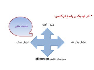 • اثر فیدبک بر پاسخ فرکانس ی : 
gain کاهش 
افزایش پهنای باند 
)distortion خطی سازی )کاهش 
فيدبك منفي 
افزایش پایداری 
 