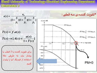 •تقویت کننده ی سه قطبی : 
0 
S 
S 
S 
a 
(1 )(1 )(1 ) 
( ) 
p 
p 
p 
1 2 3 
a s 
   
 
] 
a s 
( ) 
1 ( ) 
 
T s f a s 
( ) . ( ) 
( ) [ ( ) 
T s 
T s A s 
 
  
برای تقویت کننده با 3 قطب یا 
بیشتر باید به طریقی مثلا 
استفاده از فیدبک آنها را پایدار 
کنیم. PM<0 
 