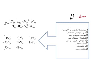 معرفی  
2 
D  L  N  
N 
nb Pe ib de 
D W N N 
 2 
   
pe b ie ab 
 
 
1) 4) 7) 
 
 
 
 
D N N 
nb ib ab 
D N W 
2) 5) 8) 
pe ie b 
L N 
3) 6) 
pe de 
1 ضریب نفوذ الکترون ها در داخل بیس 
2) ضریب نفوذ حفره ها در امیتر 
3)طول نفوذ حفره ها در امیتر 
4) تمرکز ذاتی حفره ها در بیس 
5) تمرکز ذاتی الکترون ها در امیتر 
6) ناخالص ی امیتر 
7) ناخالص ی بیس 
8) پهنای موثر بیس 
 