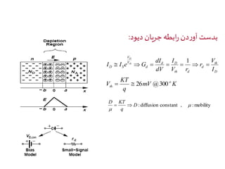 بدست آوردن رابطه جریان دیود: 
V 
th 
D 
r 
d 
I 
d D 
1 
th d 
d 
V 
D 
V 
dI 
D S dV 
V r 
I 
I I e th G 
       
V o 
mV K 
KT 
th   26 @300 
q 
: diffusion constant ,  :mobility 
D KT 
 
D 
  
q 
 