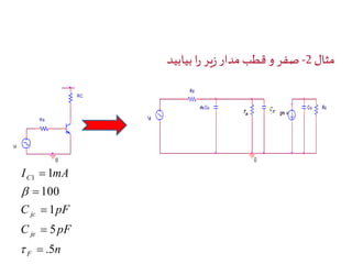 مثال 2-صفر و قطب مدار زیر را بیابید 
0 
RC 
Vi 
Rs 
I mA 
C 
 
1 1 
100 
 
 
C pF 
jc 
1 
 
C 5 
pF 
n 
je 
F 
 
.5 
 
 
 