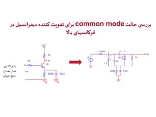 براي تقويت كننده ديفرانسيل در common mode بررس ي حالت 
فركانسهاي بالا 
RL 
Rs 
v ic 
Q1 
VCC 
v oc 
0 
2REE CE/2 
0 
gmv 
Cp 
v oc 
+ 
RL 
v 
1 
p 
2 
v ic 
Rs+Rb Cu 
r 
- 
2REE 
CE/2 
با جاگذاری 
مدار معادل 
منبع جریان 
 