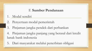 F. Sumber Pendanaan
1. Modal sendiri
2. Penyertaan modal pemerintah
3. Pinjaman jangka pendek dari perbankan
4. Pinjaman jangka panjang yang berasal dari kredit
lunak bank indonesia
5. Dari masyarakat melalui penerbitan obligasi
 