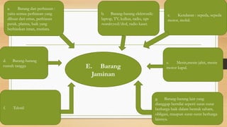 a. Barang dan perhiasan :
yaitu semua perhiasan yang
dibuat dari emas, perhiasan
perak, platina, baik yang
berhiaskan intan, mutiara.
b. Barang-barang elektronik:
laptop, TV, kulkas, radio, tape
recorder,vcd/dvd, radio kaset.
c. Kendaran : sepeda, sepeda
motor, mobil.
d. Barang-barang
rumah tangga
e. Mesin,mesin jahit, mesin
motor kapal.
f. Tekstil
g. Barang-barang lain yang
dianggap bernilai seperti surat-surat
berharga baik dalam bentuk saham,
obligasi, maupun surat-surat berharga
lainnya.
E. Barang
Jaminan
 