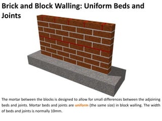 Brick and Block Walling: Uniform Beds and
Joints
The mortar between the blocks is designed to allow for small differences between the adjoining
beds and joints. Mortar beds and joints are uniform (the same size) in block walling. The width
of beds and joints is normally 10mm.
 