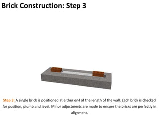 Brick Construction: Step 3
Step 3: A single brick is positioned at either end of the length of the wall. Each brick is checked
for position, plumb and level. Minor adjustments are made to ensure the bricks are perfectly in
alignment.
 